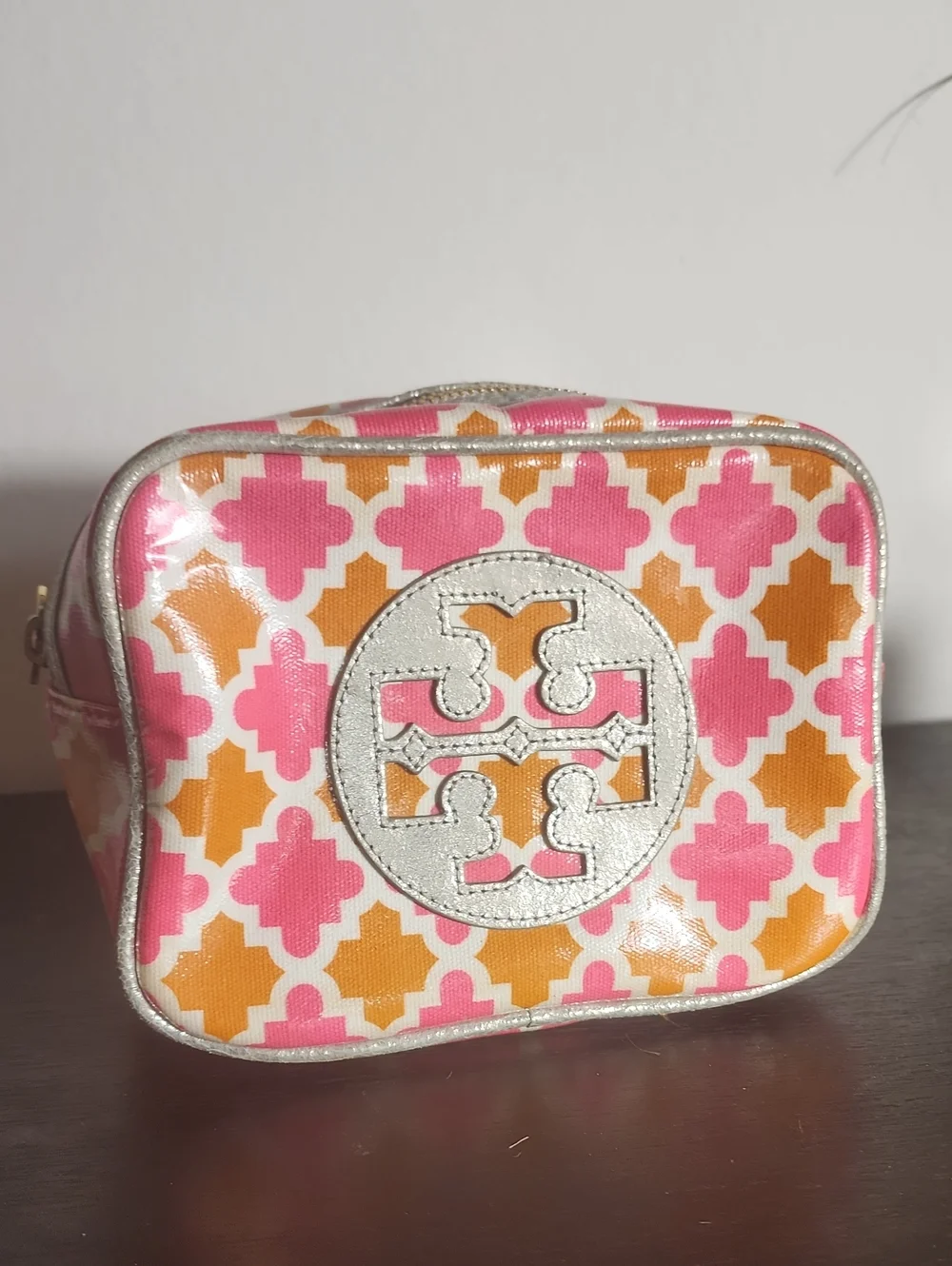 Tory Burch Pink and Orange Logo Cosmetic Case